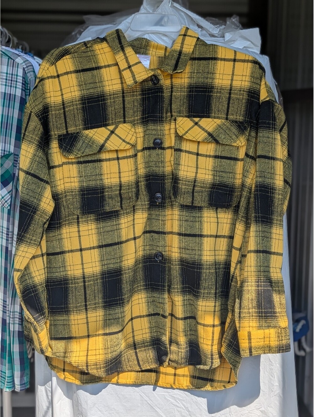 No Boundaries yellow and black plaid shirt